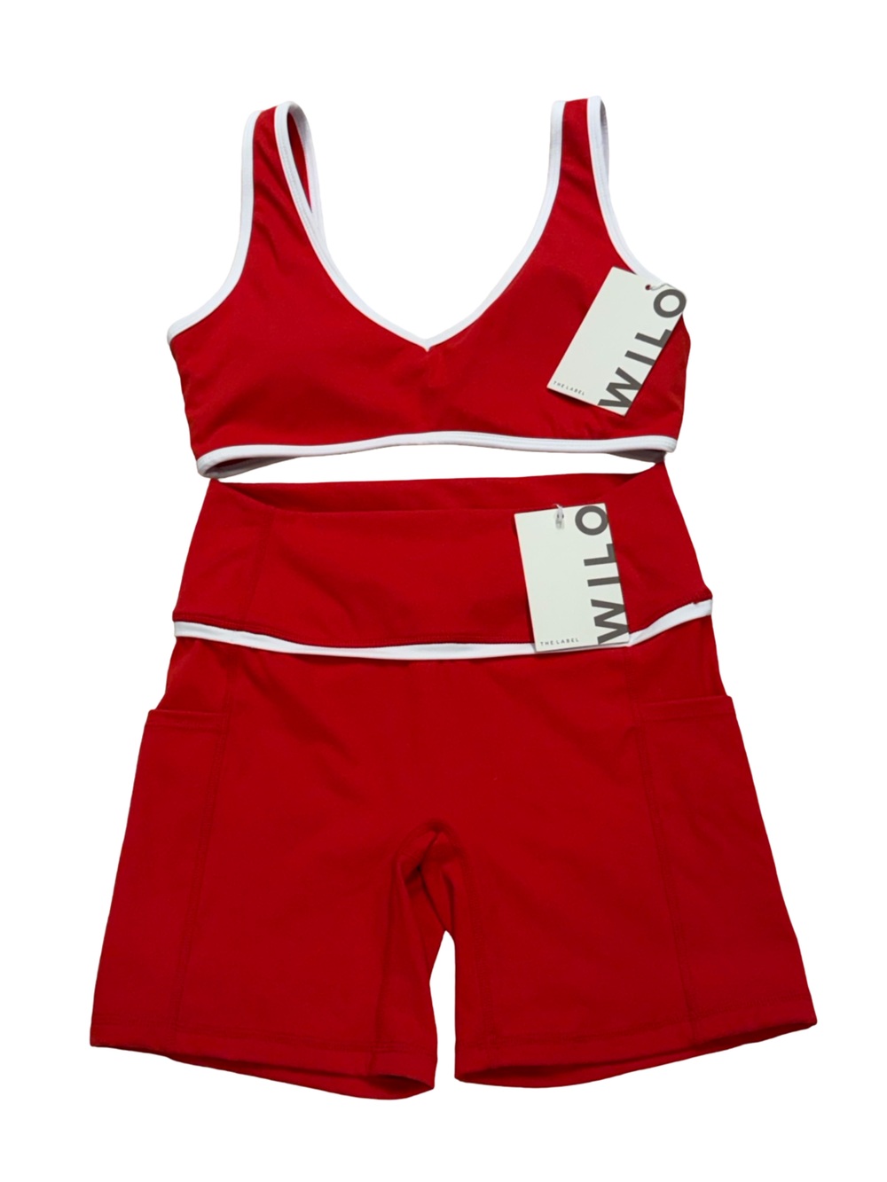 Wilo The Label White Contrast Trim Red Sports Bra & Biker Short Set M NWT - Picture 7 of 8